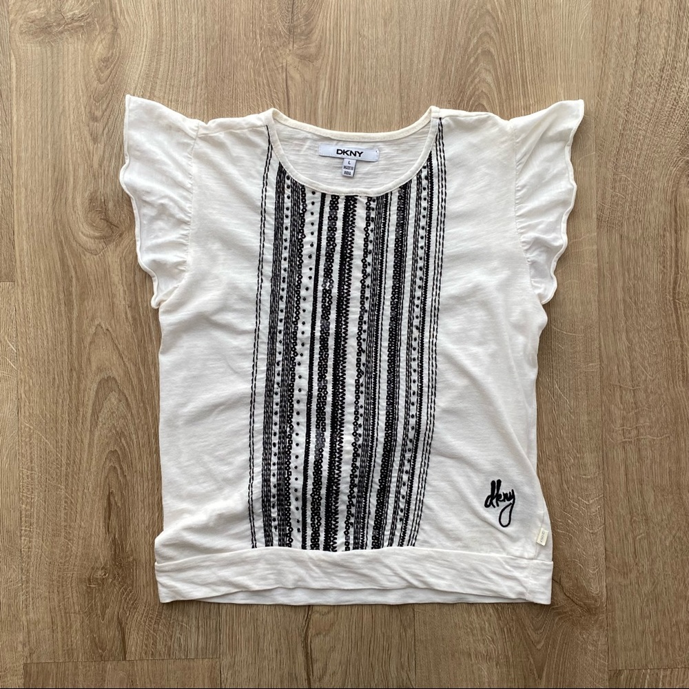 DKNY Girls Black and White Top With Ruffle Sleeves, Embroidery, and Beading. (L)